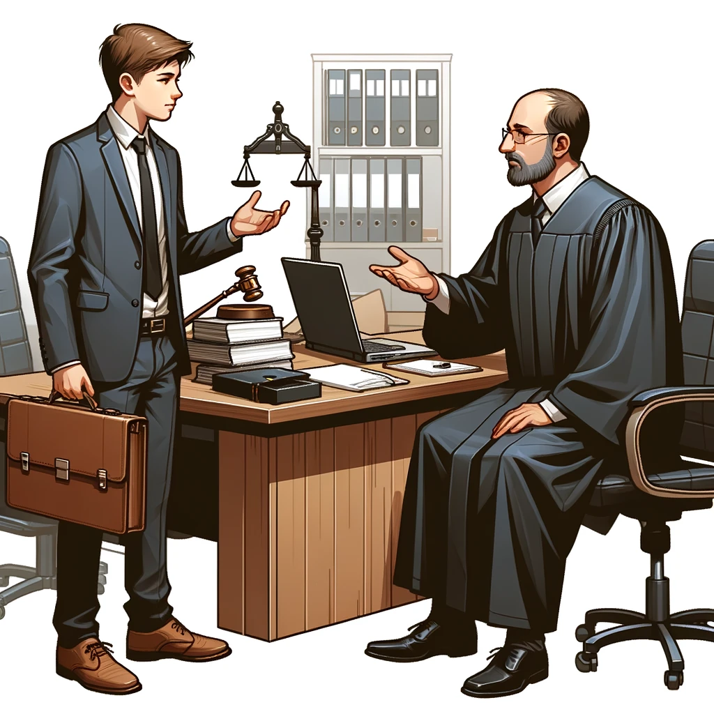 Assistente técnico judicial discutindo um caso com um juiz.