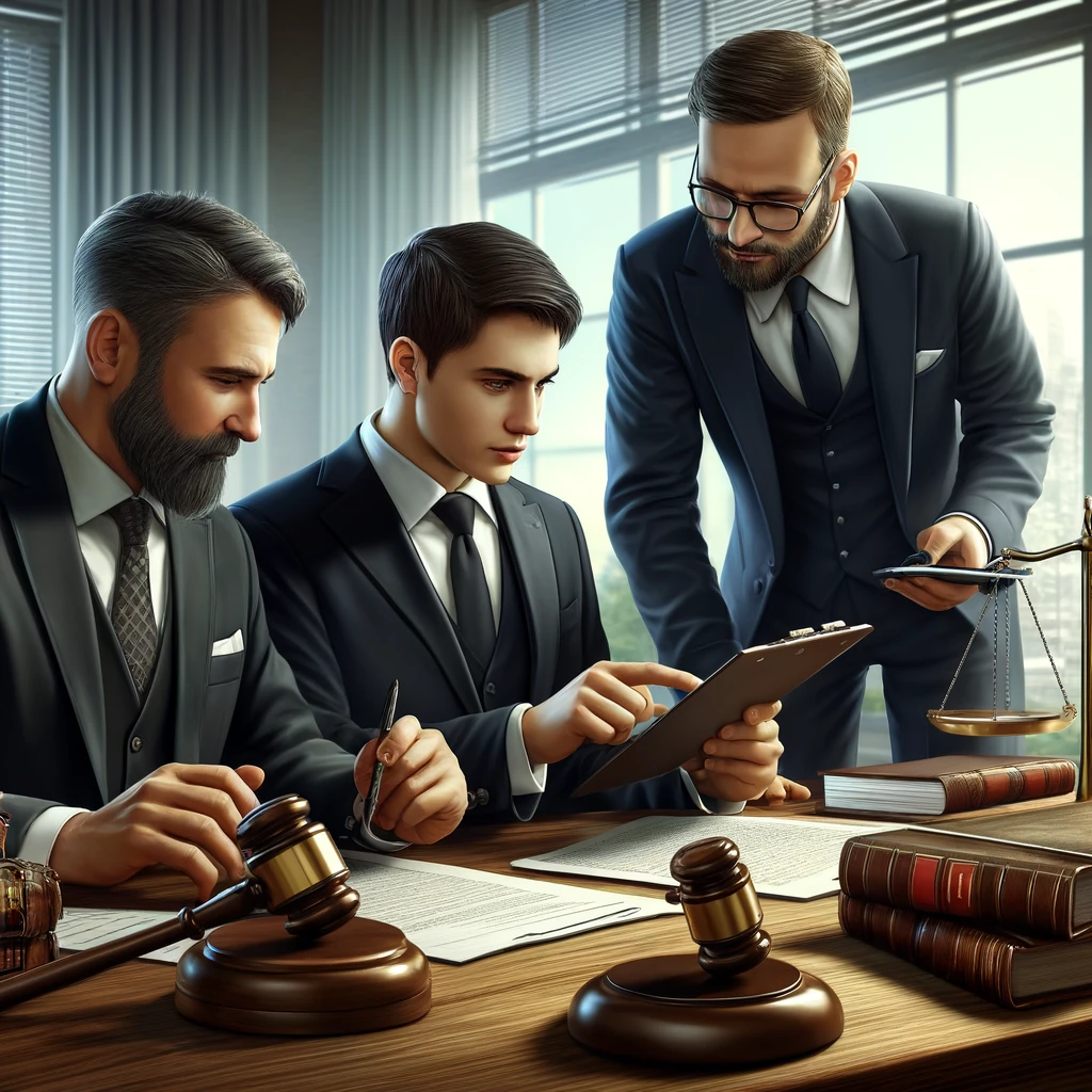 Advogados e assistente técnico judicial revisando provas técnicas.
