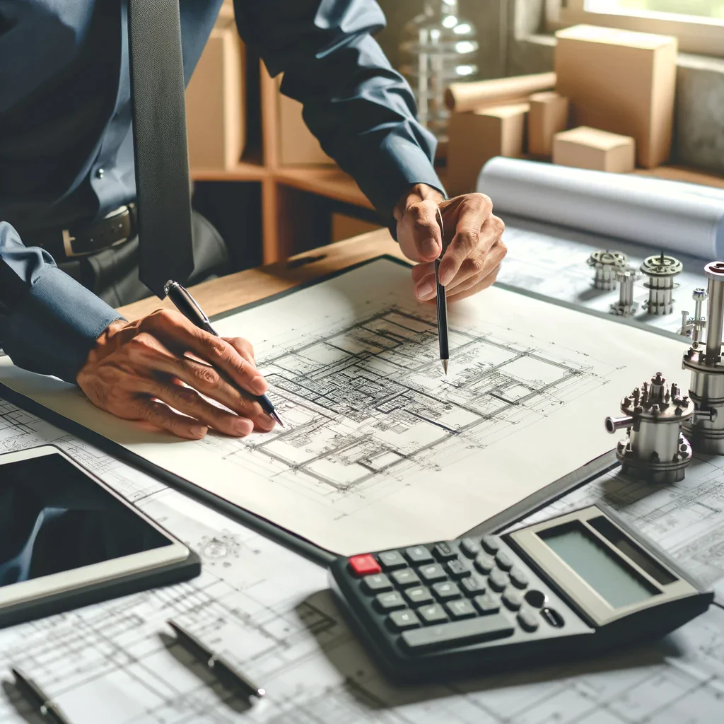 Engenheiro consultor analisando diagrama técnico para planejamento de projeto