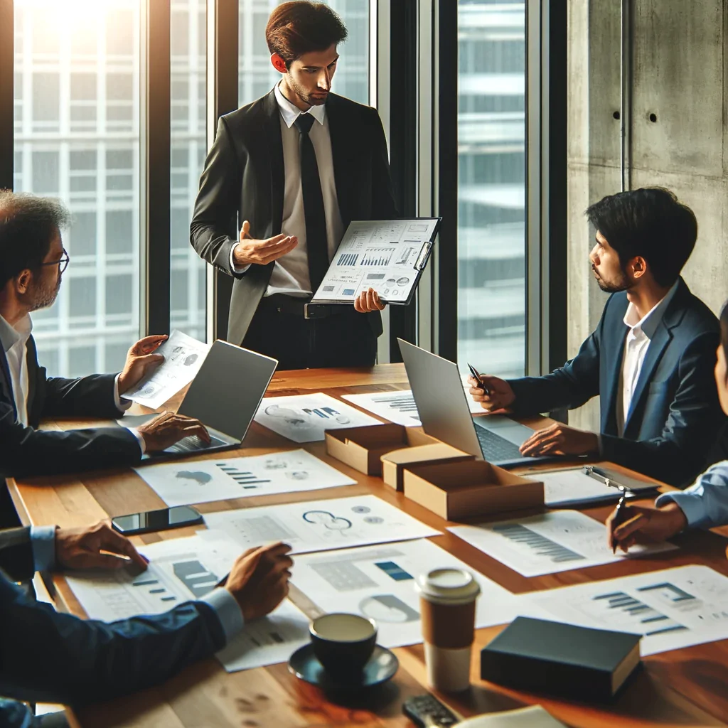 Reunião de consultoria em engenharia com gráficos e laptops