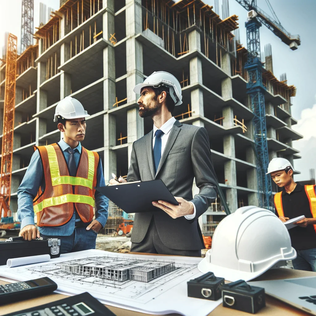 Consultores de engenharia inspecionando edifício em construção