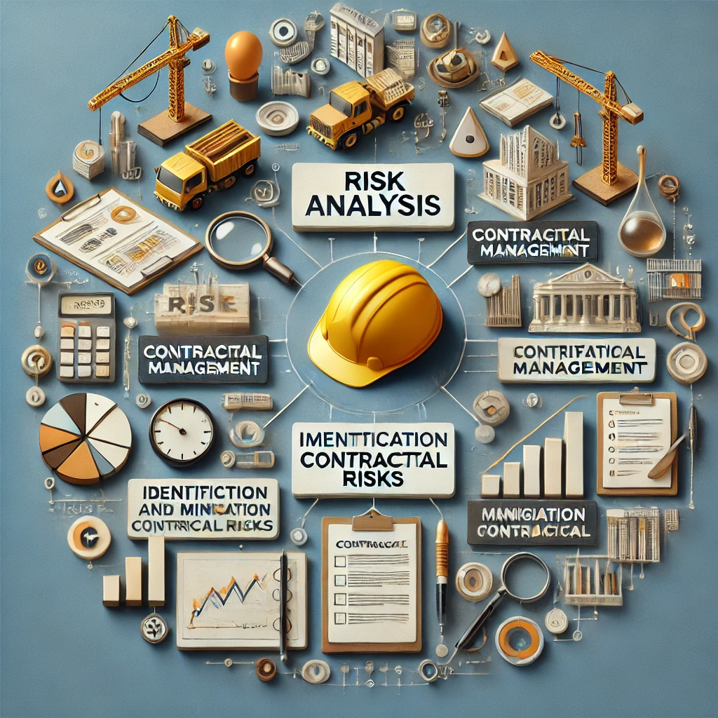 Gráfico de análise de riscos relacionados à gestão contratual em um projeto de construção, destacando a identificação e mitigação de riscos contratuais.