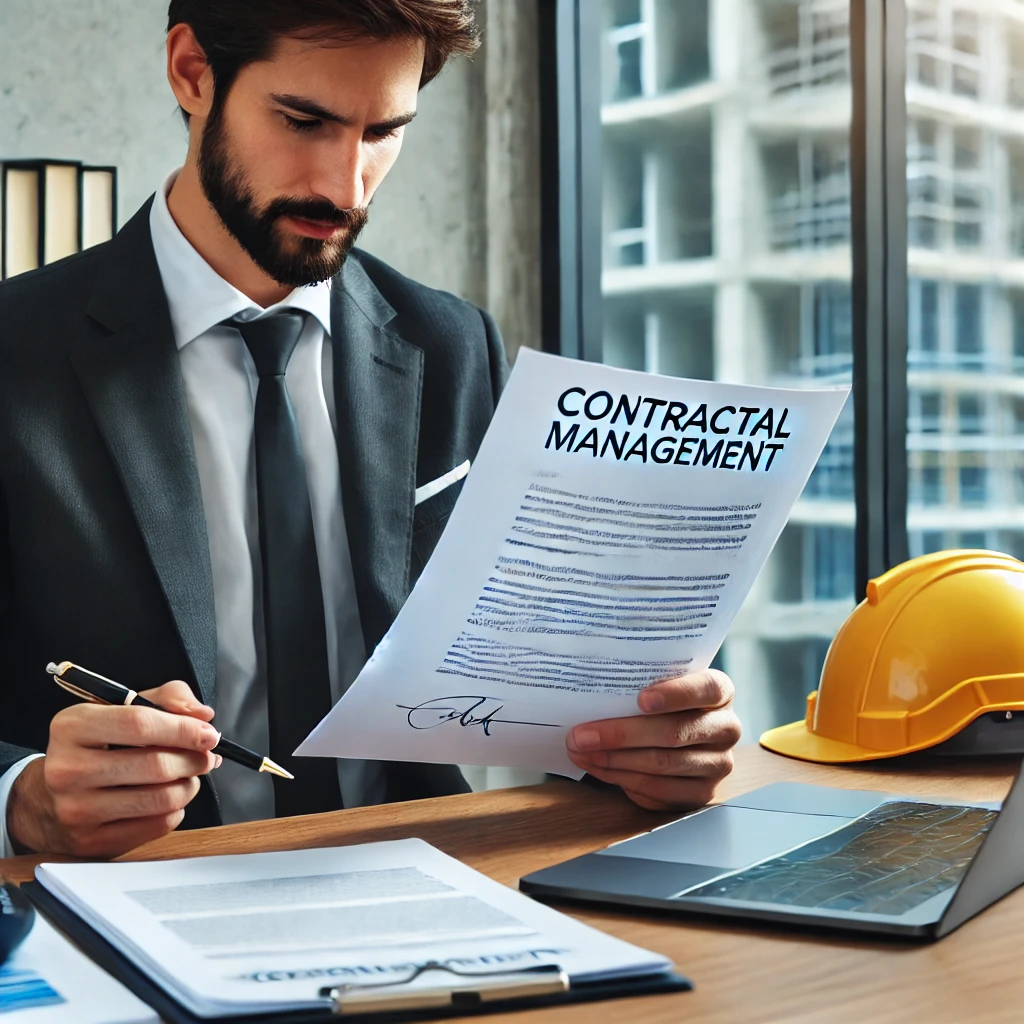 Profissional revisando documentos contratuais relacionados a um projeto de construção, enfatizando a importância da gestão contratual.