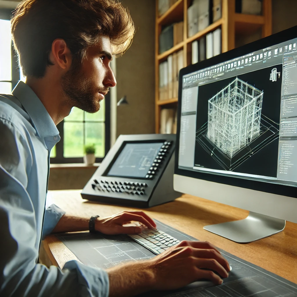 Engenheiro utilizando software de modelagem e simulação, como AutoCAD, para criar um modelo detalhado de uma edificação durante uma perícia.