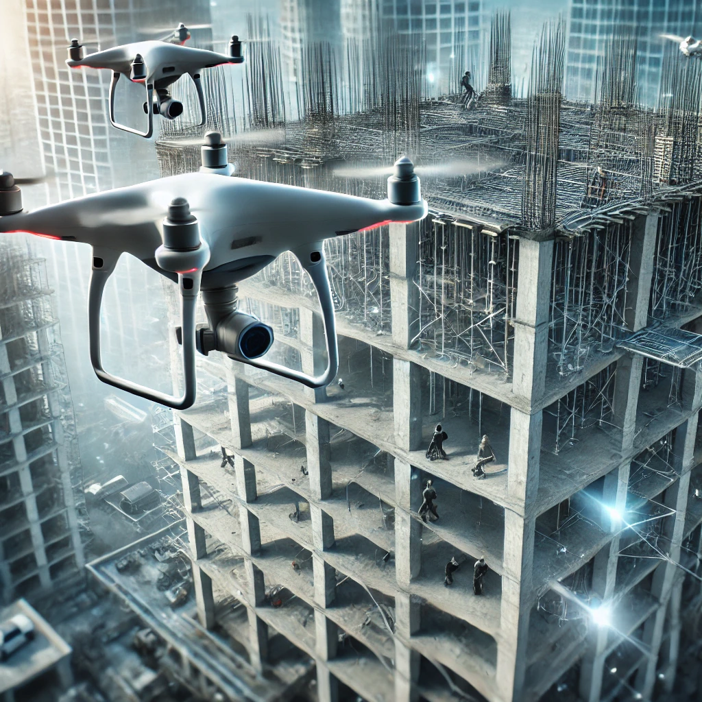 Drones realizando inspeção visual de uma construção, capturando imagens detalhadas de áreas de difícil acesso para análise pericial.