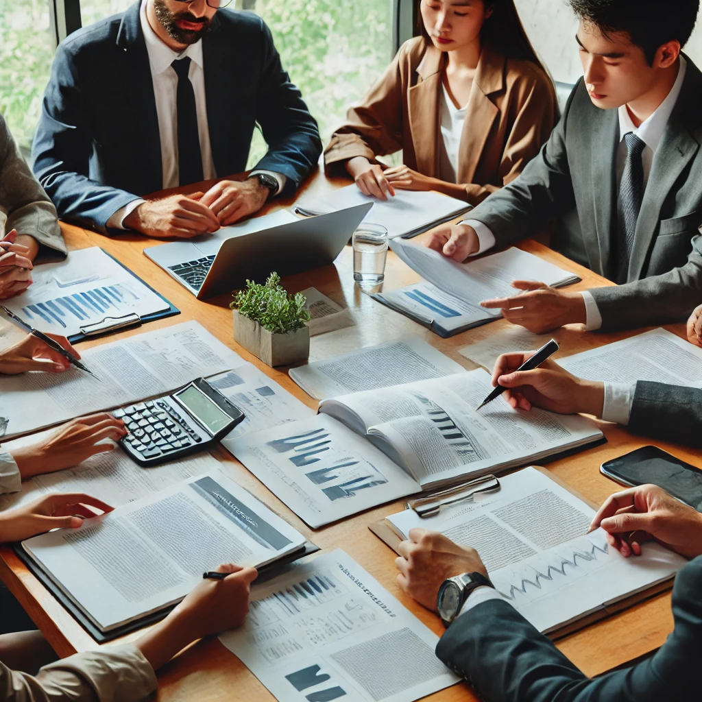Grupo de peritos discutindo um laudo técnico detalhado durante uma reunião, analisando evidências e preparando relatórios para um caso judicial.