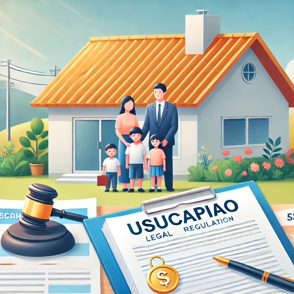 Ilustração de uma família em frente a uma casa, com documentos legais simbolizando o processo de usucapião no primeiro plano